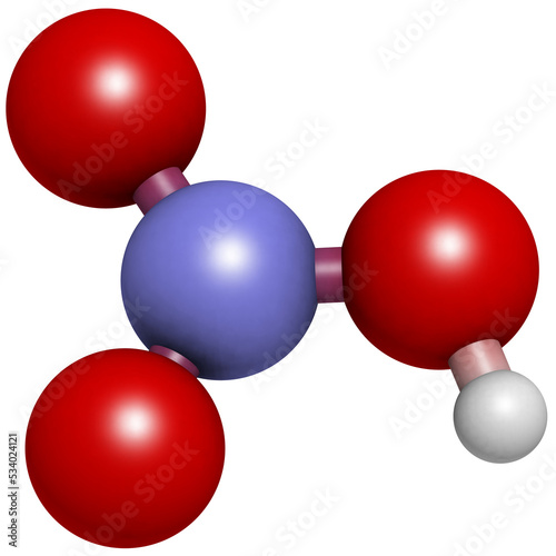 Nitric acid (HNO3) molecule, chemical structure. Strong and corrosive inorganic acid. photo