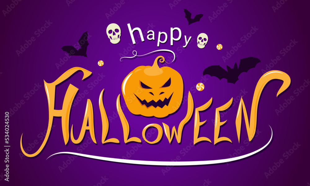 Happy Halloween. A banner with an orange pumpkin, skulls, bats and sweets. For the decoration of the holiday.