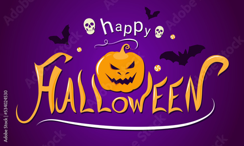 Happy Halloween. A banner with an orange pumpkin, skulls, bats and sweets. For the decoration of the holiday.