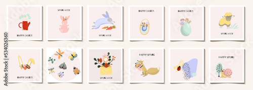 Set of square cute, gentle spring, easter backgrounds, square cards,cute rabbit, basket, egg, flowers, garden watering can, ears, butterflies, fox, snail, ladybug, spring sale, invitation.