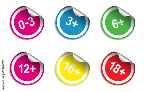 Age limit icons for kids and teenagers. Creating icon with age restrictions. 0, 3, 6, 12, 16,18 years old signs for toys, food and alcoholic drinks. Set of age restrictions signs. Vector elements.
