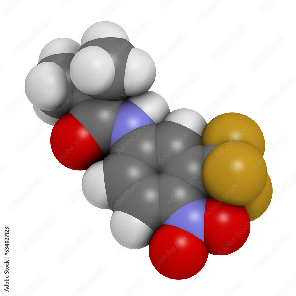 Flutamide prostate cancer drug (anti-androgen), chemical structure. Flutamide prostate cancer drug (anti-androgen), chemical structure.