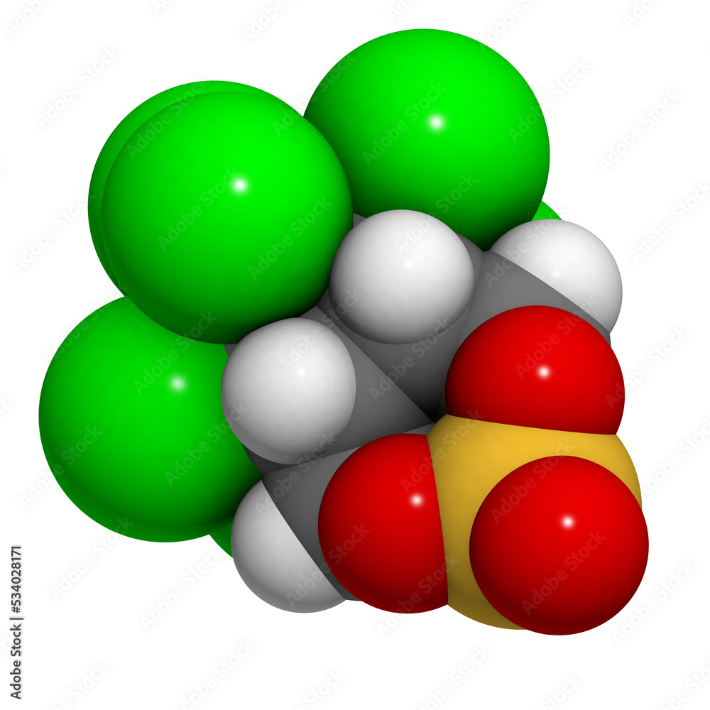 Endosulfan insecticide molecule. Banned in many countries due to toxicity. Endosulfan insecticide molecule. Banned in many countries due to toxicity.