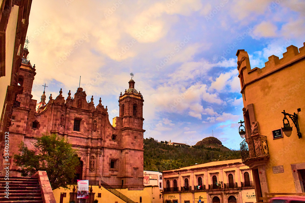 cathedral and historical buildings at sunset in zacatecas downtown 