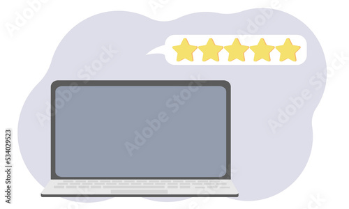 Laptop and next to a five-star review.