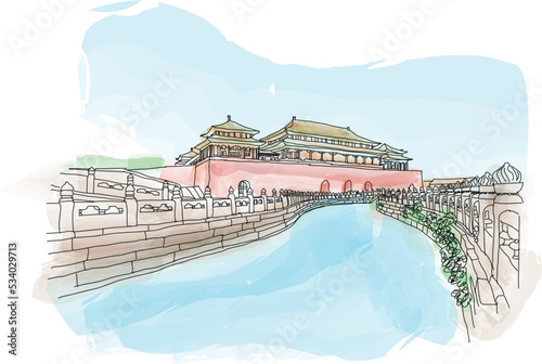 forbidden city in beijing china. watercolor, vector illustration for calendar, post card, poster, social media post