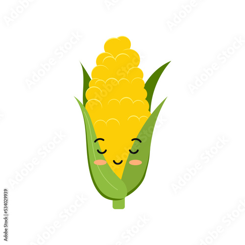 Cute corn cob shy cartoon baby snack character vector icon.