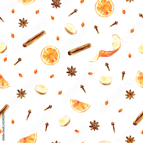 Hand drawn watercolor spices seamless pattern