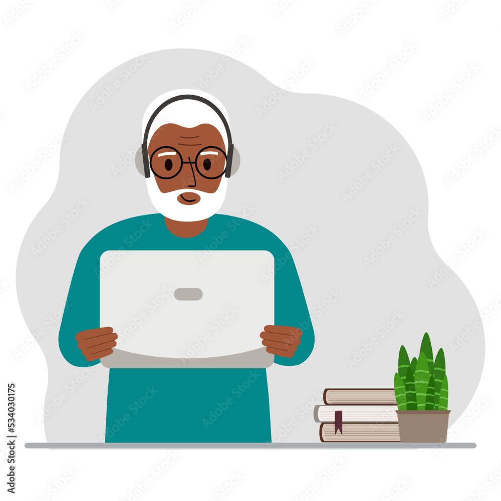 Old man with laptop and headphones. Working from home, student, freelancer, assistant, blogger or businessman. Home office concept.