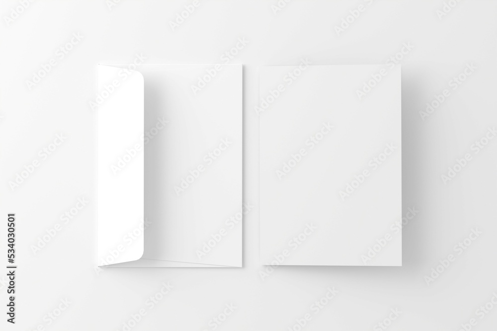A4 A5 Folded Invitation Card With Envelope 3D Rendering White Blank Mockup A4 A5 Folded Invitation Card With Envelope 3D Rendering White Blank Mockup