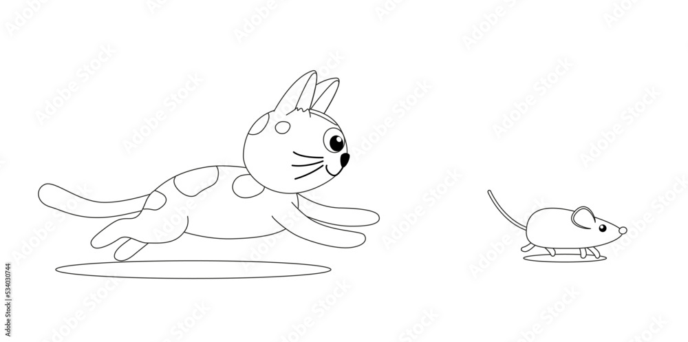 Kitty chases a mouse. Coloring page. Black and white cat, kitten