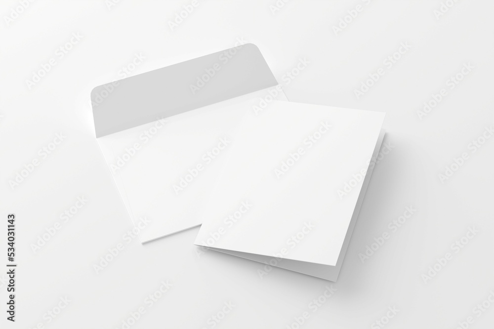 A4 A5 Folded Invitation Card With Envelope 3D Rendering White Blank Mockup A4 A5 Folded Invitation Card With Envelope 3D Rendering White Blank Mockup