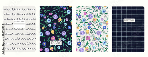 Set of cover page templates with hand drawn flowers, branches, leaves. Based on seamless patterns. Backgrounds for notebooks, notepads, diaries. Headers isolated and replaceable