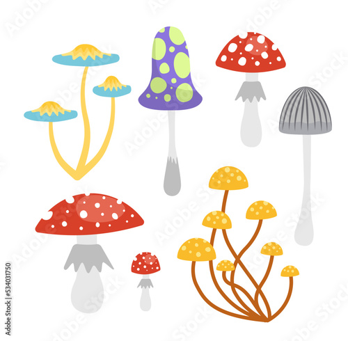Poisonous mushrooms set. Amanita, fly agaric, toxic mushroom, grebe. Flat, cartoon, vector