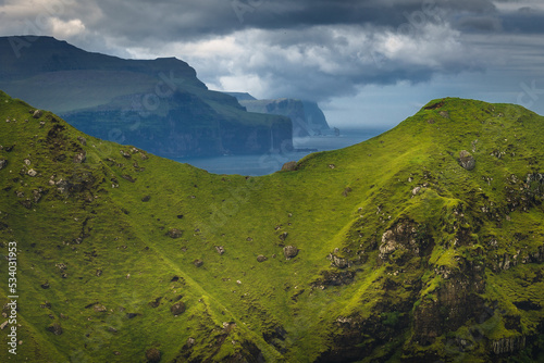 Amazing landscapes of the Faroe Islands captured in summer. Views of the island of Kalsoy.