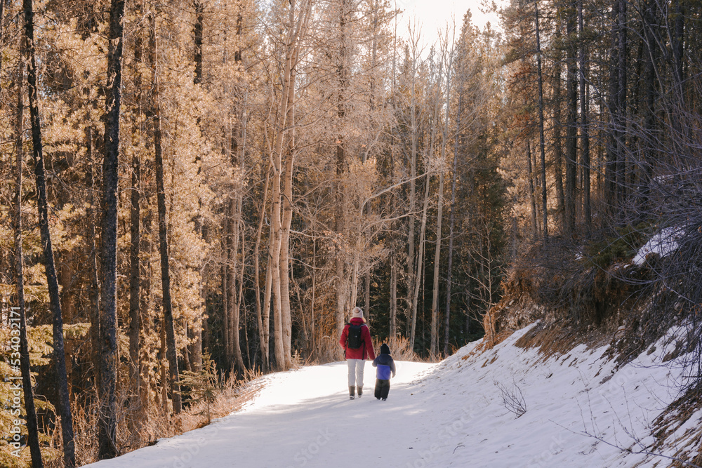 Woman and child walking on a snowy forest