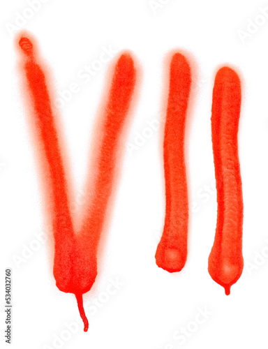  Roman number seven vii, red spray stain, droplets texture isolated on white 
