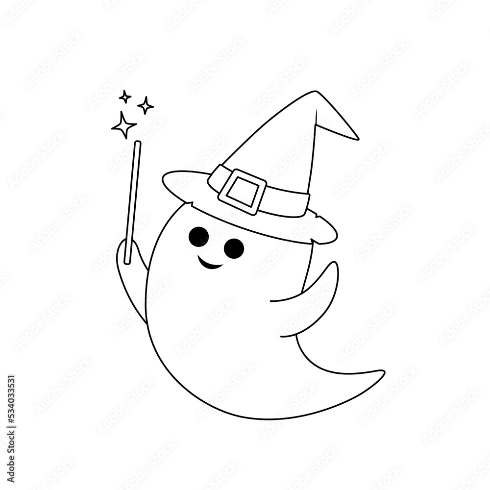 Ghost hat and magic wand coloring page. Black and white ghost. Vector ...