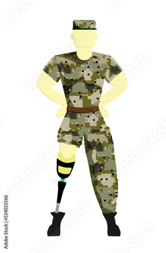 soldier on a prosthesis in military uniform. Disabled person with a prosthesis. Prosthetics. Vector illustration of a serviceman.