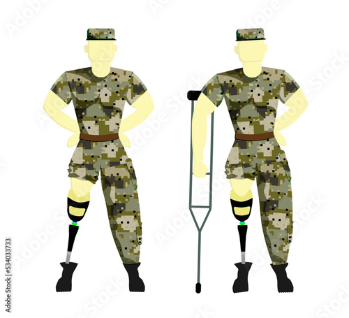 soldier on a prosthesis in military uniform. Disabled person with a prosthesis. Prosthetics. Vector illustration of a serviceman.
