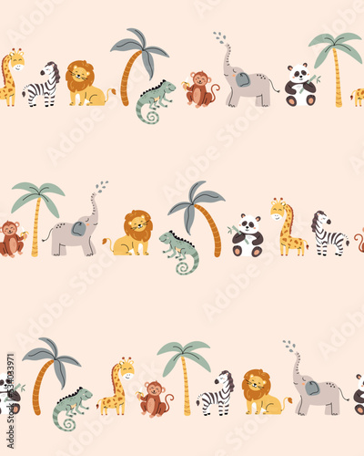 Tropical jungle seamless pattern. Zoo animals in lines. Cute wild animals in a simple Scandinavian style. Vector cartoon background