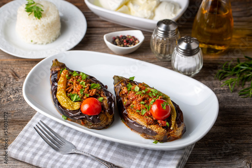 Traditional delicious Turkish food  Meat and Eggplant dish   Turkish name  Karniyarik 