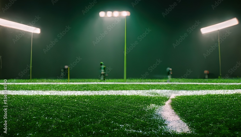 Green sports turf with stadium lights. 3d illustration.