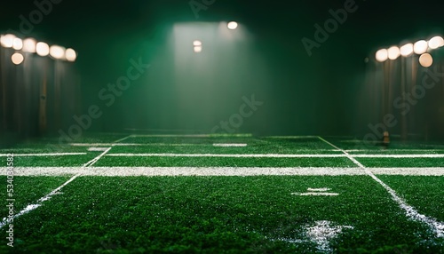 Green sport turf with lines and lights. 3d illustration.