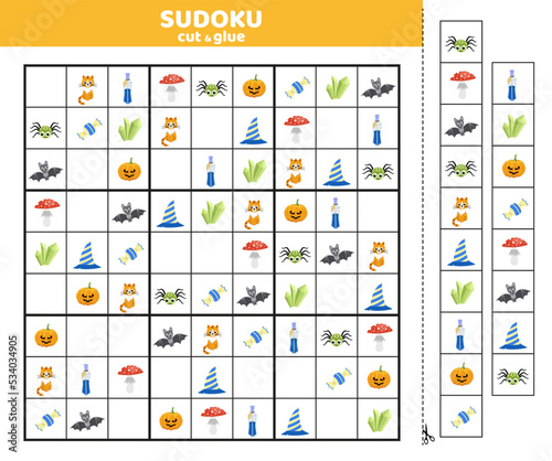 Halloween sudoku for kids with nine cartoon pictures. Halloween sudoku. Cut and glue