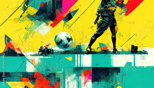 Soccer sports themed abstract painting with football and player. Illustration.