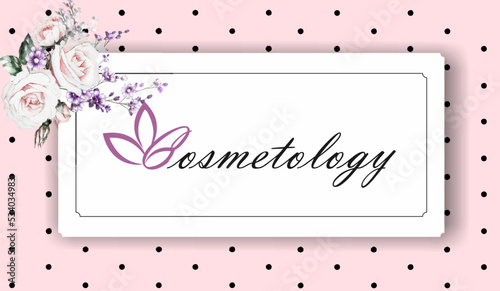 Cosmetologist - business card in a pink background with black polka dots and a flower.