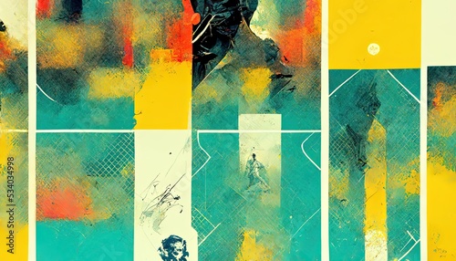 Abstract painting of yellow and teal colors. Backgrounds.