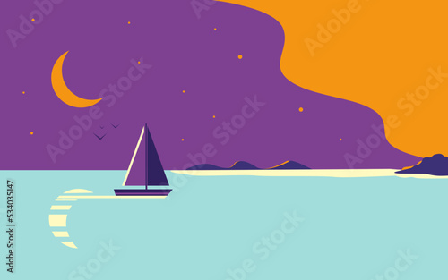 Beautiful night seascape. A yacht or sea vessel is sailing against the background of the night sky.