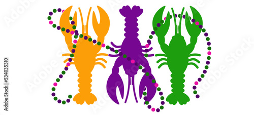 Mardi Gras decor. Beads, three lobsters, 3 crayfish clip art. Fat Tuesday decoration print 