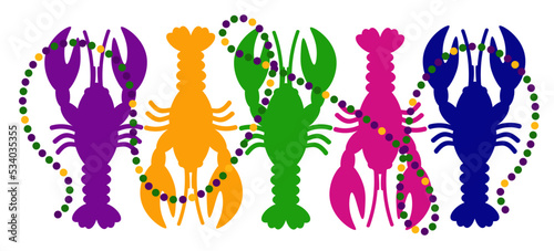 Mardi Gras decor. Beads, five lobsters, 5 crayfish clip art. Fat Tuesday decoration print	