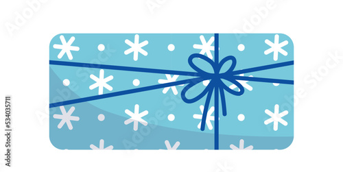 Chrismas present with ribbon. Blue gift with snowflakes. Flat, cartoon, vector