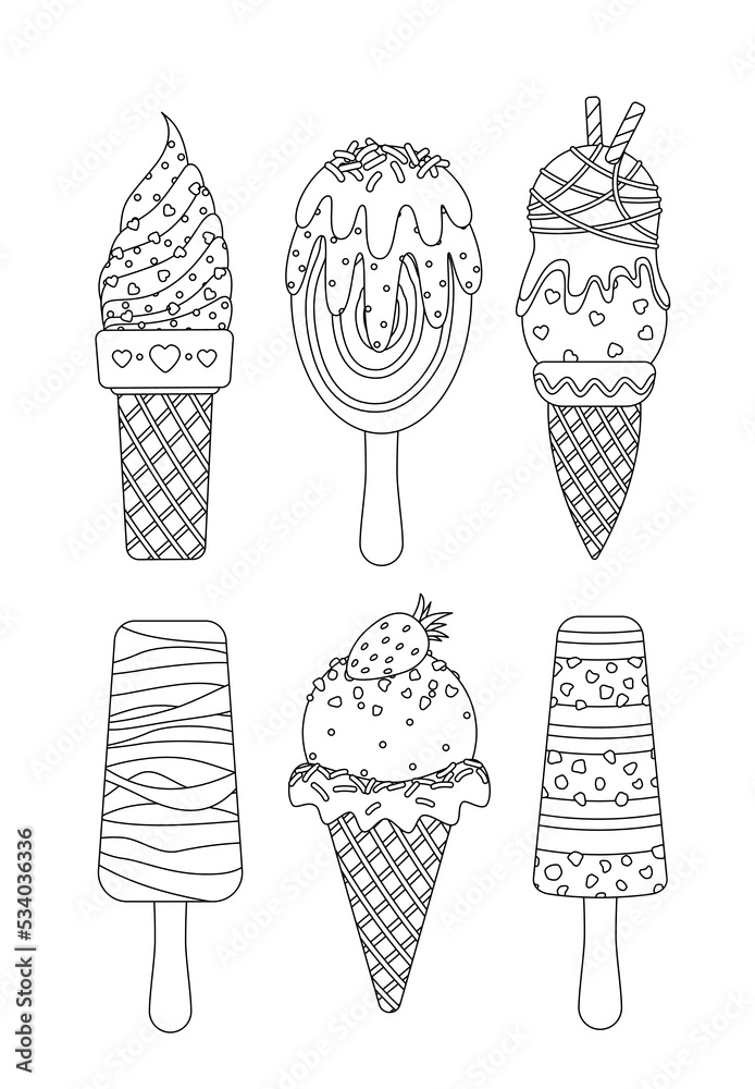 Ice cream coloring page set. Waffle cone, popsicle, soft serve, stick.  Outline, vector Stock Vector | Adobe Stock