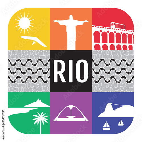 Ícones do Rio de Janeiro - ilustração contendo desenhos estlizados de alguns dos principais pontos turísticos do Rio de Janeiro: Pão de Açúcar, Cristo Redentor, Praia de Ipanema, Sambódromo, Bondinho  photo