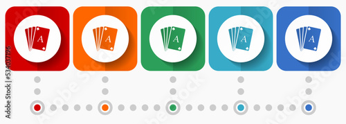 Playing cards vector icons, infographic template, set of flat design casino symbols in 5 color options
