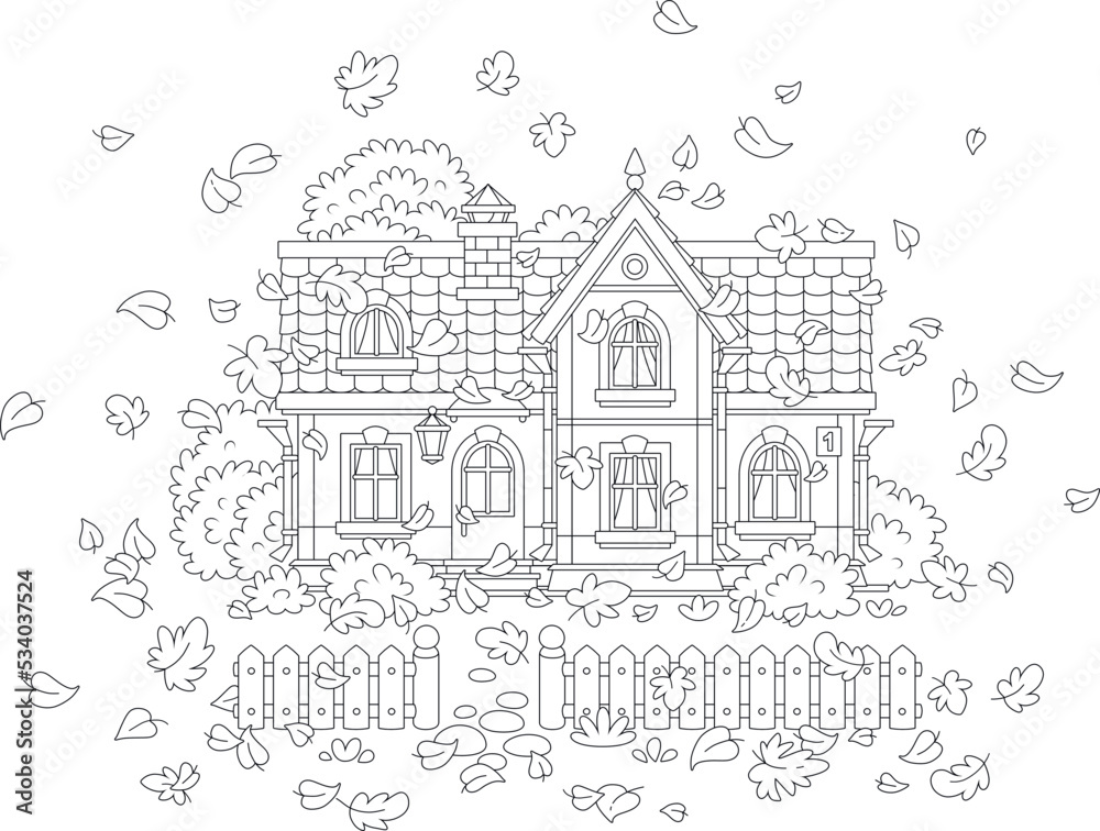 Pretty country house and a small courtyard with a fence, trees, bushes and autumn leaves swirling around, black and white vector cartoon illustration on a white background