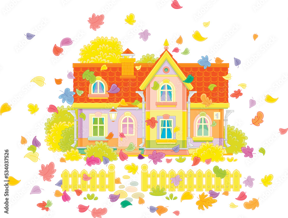 Pretty country house and a small courtyard with a fence, trees, bushes and colorful autumn leaves swirling around, vector cartoon illustration on a white background