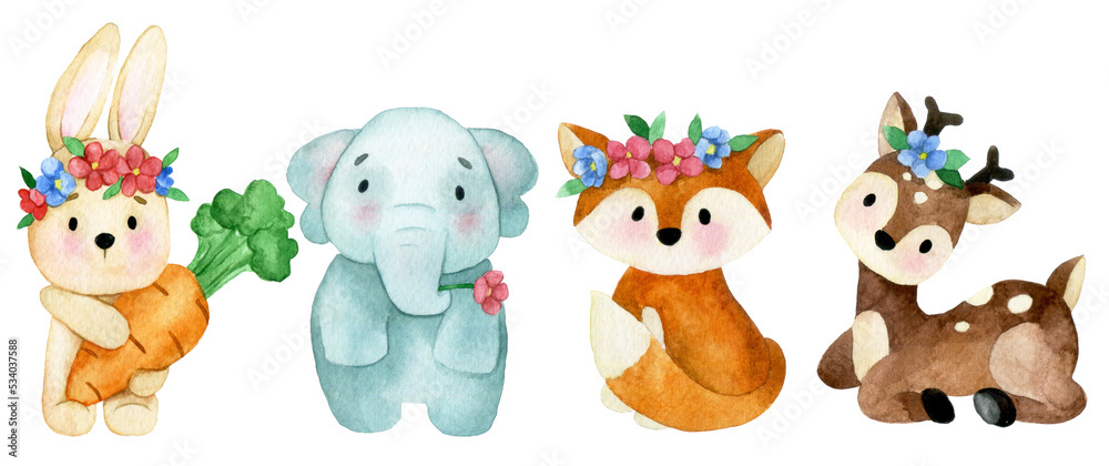 watercolor drawing. set of cute animals with flowers. characters for children rabbit, elephant, fox, deer. baby book scrapbooking