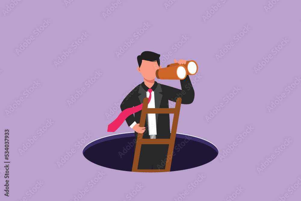 Cartoon flat style drawing businessman climbs out of the hole by ladder and using binocular. Business vision, idea, solution. Looking for opportunity and challenge. Graphic design vector illustration - obrazy, fototapety, plakaty 
