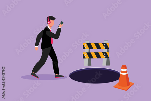 Graphic flat design drawing businessman listen music with headphone and walking on street, watching smartphone, did not see open manhole. Man walks to business trap. Cartoon style vector illustration