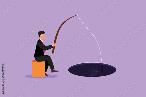 Graphic flat design drawing businessman sitting and holding fishing rod from hole. Male manager fishing with rod. Business investment metaphor. Make money from idea. Cartoon style vector illustration