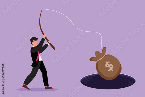Cartoon flat style drawing of businessman holding fishing rod got big money bag from hole. Man catching money bag with fishing rod. Business idea for making money. Graphic design vector illustration