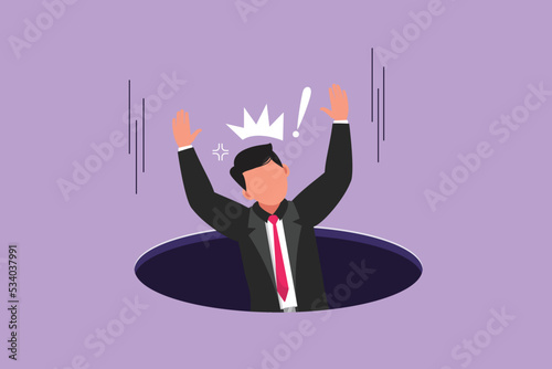 Cartoon flat style drawing businessman fell into manhole underground sewer. Man fell into sewage. Depressed and business failure concept metaphor. Defeated worker. Graphic design vector illustration