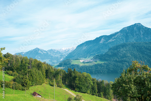 Fototapeta Naklejka Na Ścianę i Meble -  Mount Pilatus and the valley station in Alpnachstad lie in the heart of Switzerland and are very well connected. They are conveniently reached by car, train or boat trip.