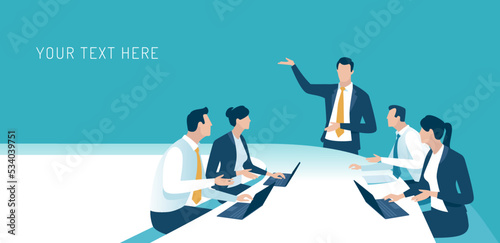 Business illustration template with copy space. The manager points to the text. The team sits around the table. Vector illustration. 