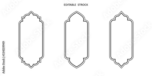 Islamic vector shape of a window or door arch. Arab frame set. Ramadan kareem editable outline icon. Mosque gate. Islamic arabesque pattern. Arabian muslim shape arch